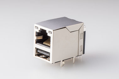 Female RJ45 USB Connector 1 X 1 With LED And Emi Tab-Up Shielded 90 Degree PCB Connector